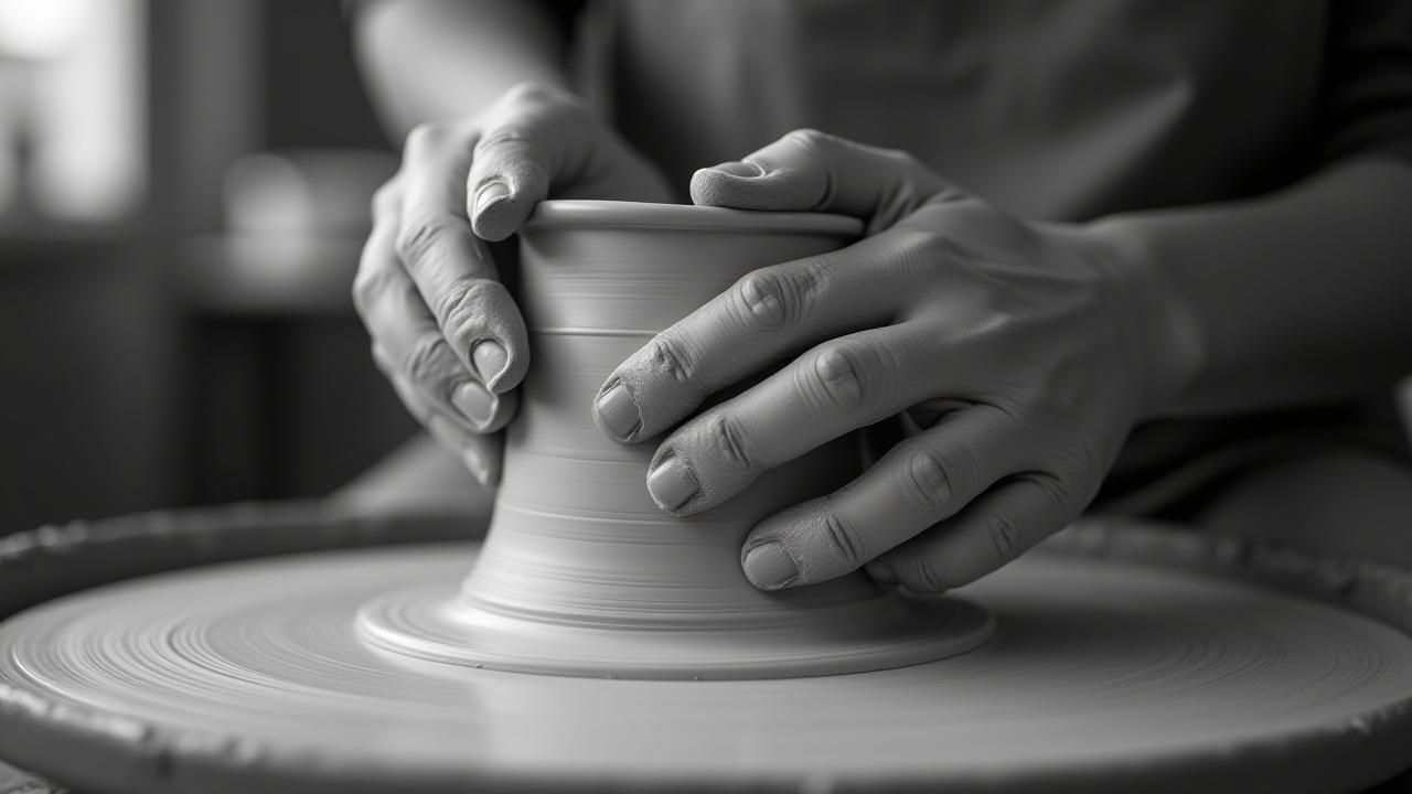 Artisan's hands, covered in clay, meticulously working on a ceramic piece.