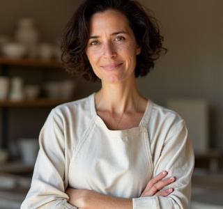 Portrait of Elara Vance, lead ceramist for Zenith Glaze, smiling in her studio.