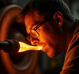 Portrait of Kieran Flynn, lead glassblower for Zenith Glaze, working with glowing molten glass.