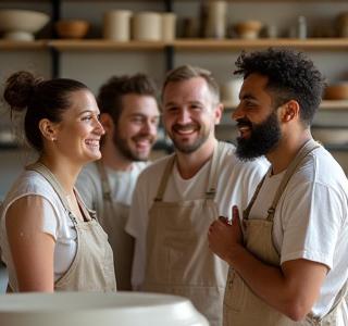 Candid shot of Zenith Glaze team smiling and working collaboratively in their bright, airy Austin studio.