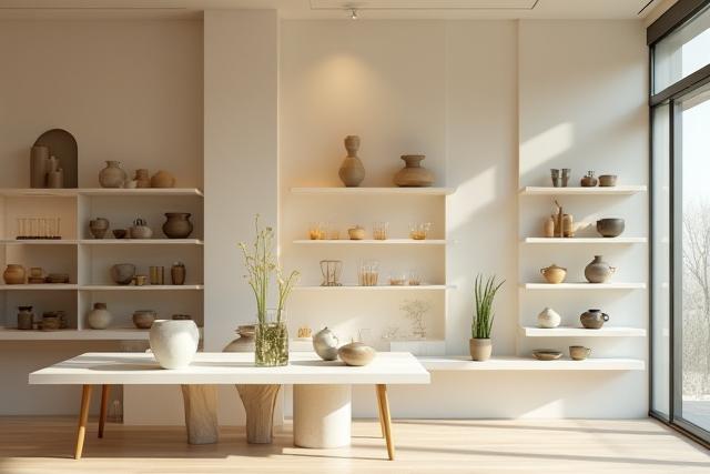 A tasteful display of finished Zenith Glaze ceramic and glass art in the studio's showroom area.