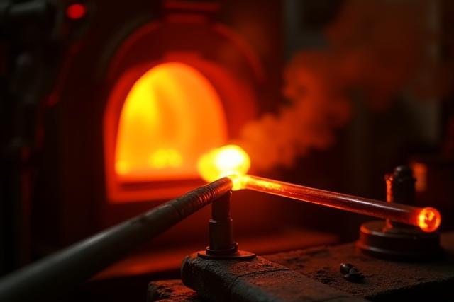 Intense, vibrant scene inside the glass hot shop with molten glass on a punty and glassblower tending a furnace.