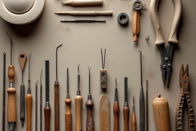 Close-up of well-used artisan tools neatly arranged on a workbench in the studio.
