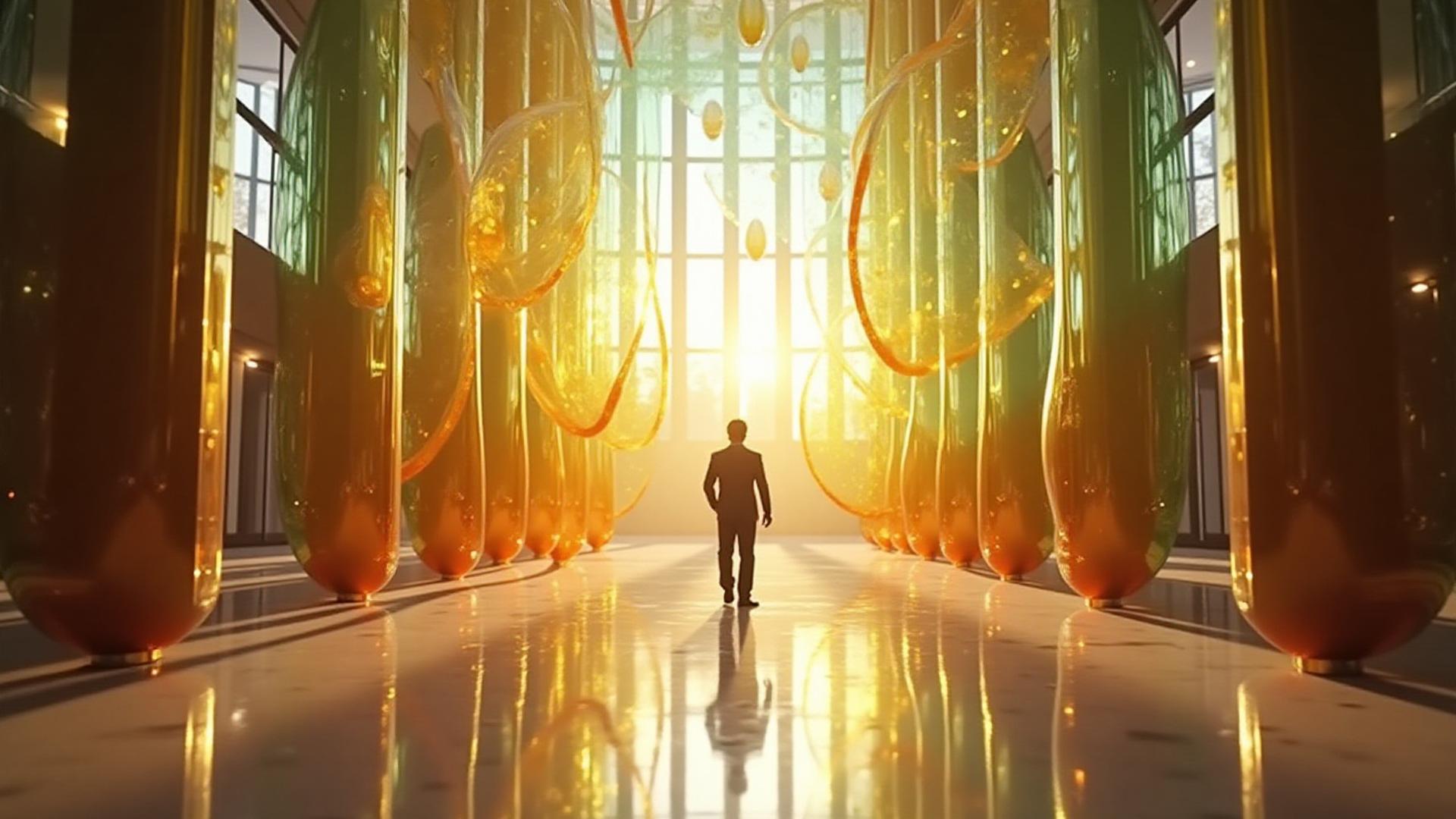 Massive, shimmering glass installation in a grand, sunlit modern interior