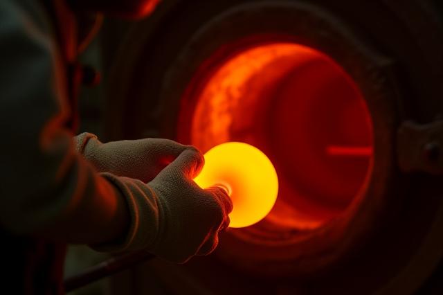 Glassblower gathering molten glass from a furnace