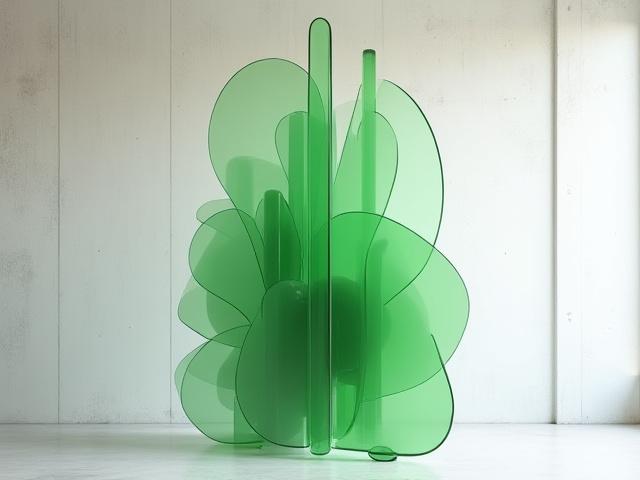 Large, abstract blue and amber glass sculpture in a gallery setting