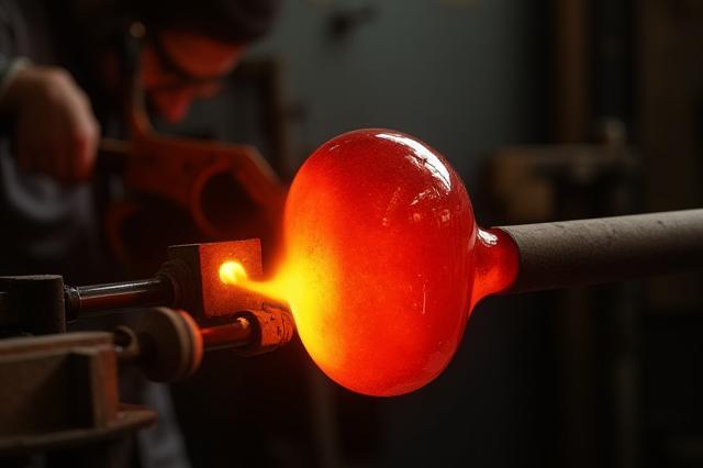 Artisan shaping hot glass with tools on a blowing pipe
