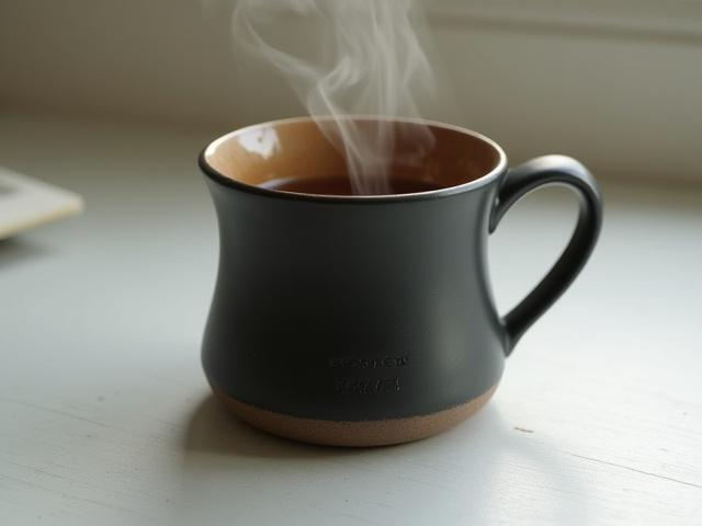 Stylish ceramic mug with a subtle, debossed corporate logo and warm beverage.