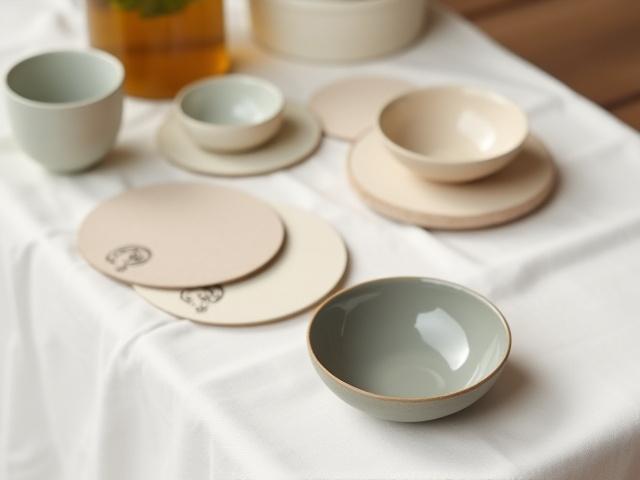 Small custom ceramic bowls and coasters arranged for an event, subtly branded.