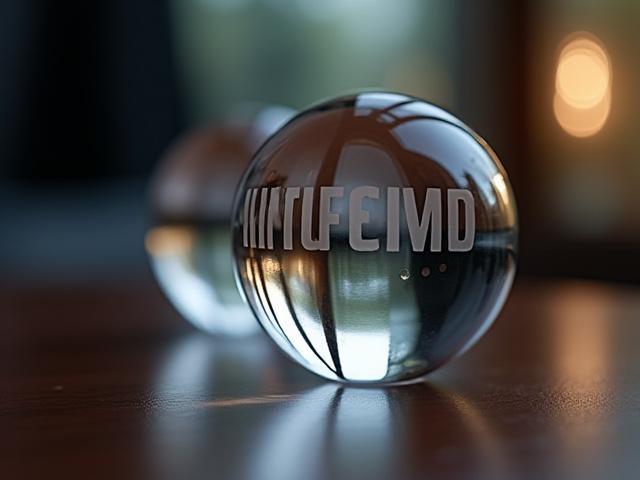 Elegant glass paperweight with an etched corporate brand mark, sitting on a polished desk.