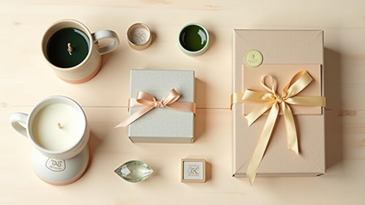 Styled flat-lay of a Zenith Glaze corporate gift set with a branded mug, small candle, and custom-packaged box