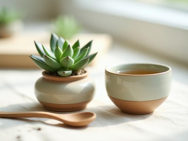 Curated corporate wellness set with a small ceramic planter and a matching tea bowl.