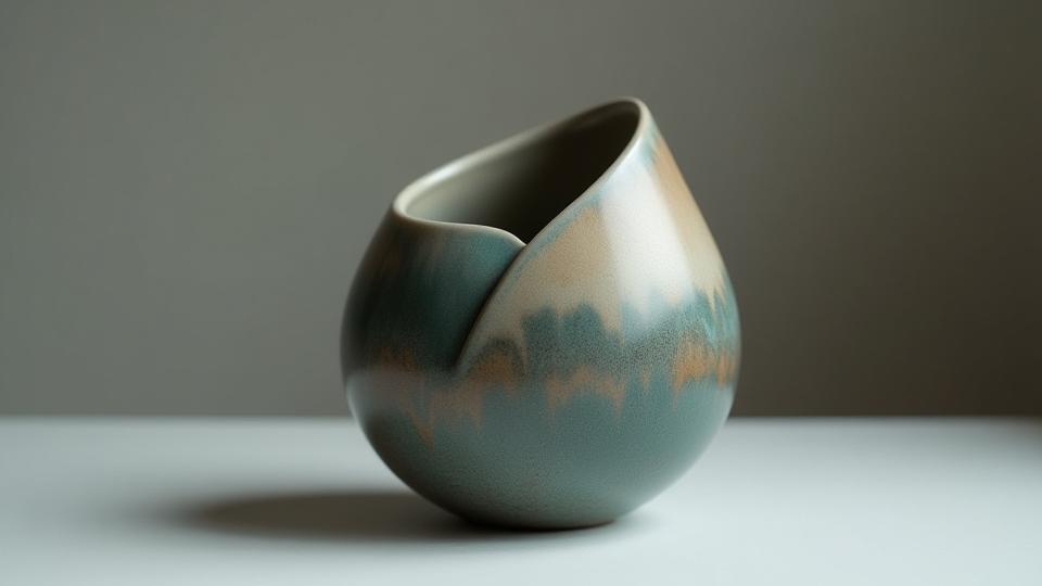 A large, stunning close-up of the 'Riverbend' vase showcasing its dynamic silhouette and deep reactive glaze