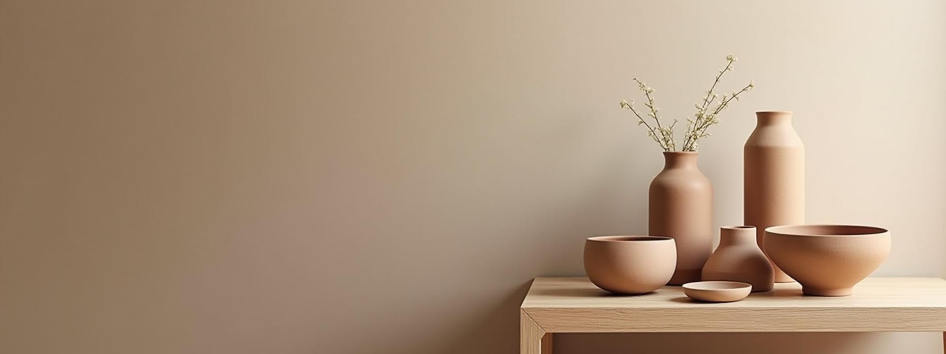 Beautifully styled collection of Zenith Glaze handcrafted ceramic vases, bowls, and sculptural pieces illuminated by soft light