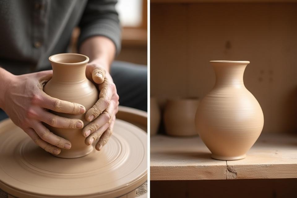 Diptych showing hands shaping wet clay on a pottery wheel on the left, and a beautifully finished, glazed ceramic vase on a wooden shelf on the right.