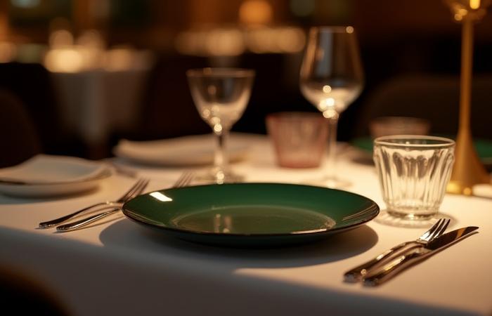 Stylized restaurant table setting with custom Zenith Glaze ceramic plates and glassware