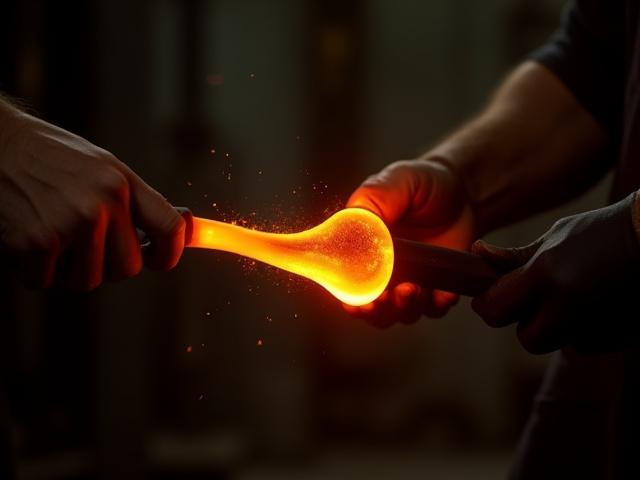 Glassblower shaping molten glass with tools in a hot workshop