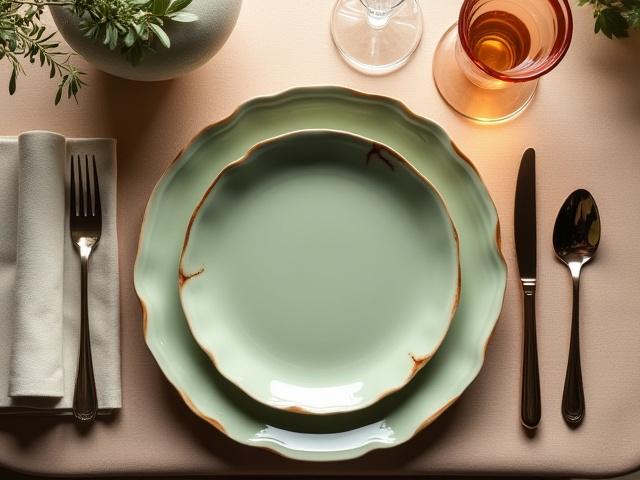 Elegant set of custom ceramic plates and bowls on a linen tablecloth