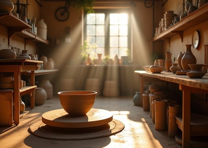 Candid shot of Zenith Glaze ceramic studio interior with pottery wheel, glazes, and finished pieces