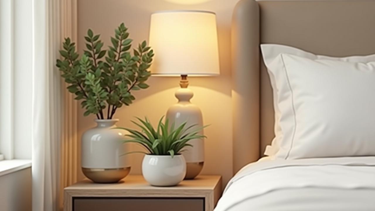 Stylish boutique hotel room in Austin featuring Zenith Glaze ceramic planters and a decorative vase on a bedside table.