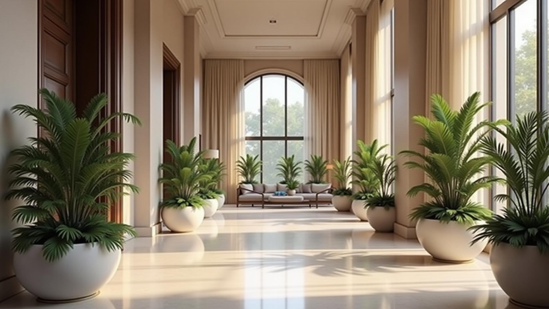 Sophisticated boutique hotel lobby featuring Zenith Glaze ceramic planters and a large glass art installation.