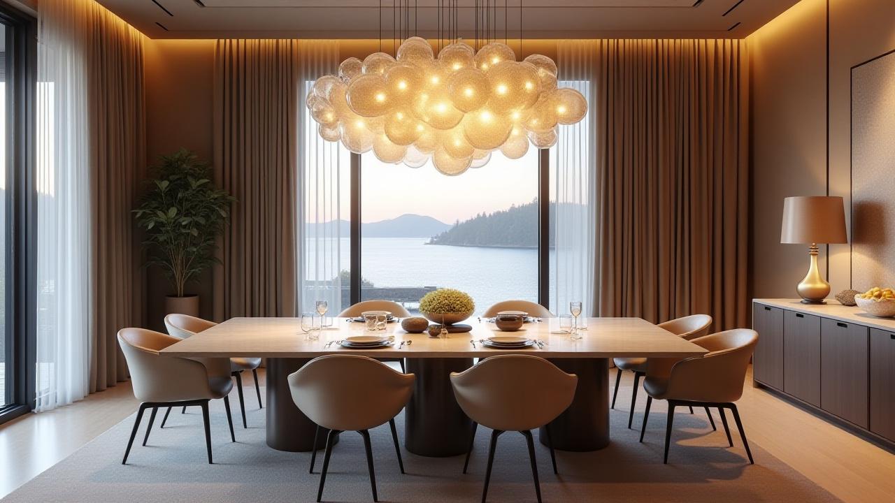Elegant dining room in a lakeside residence featuring a bespoke, hand-blown glass light fixture installed above a large dining table.