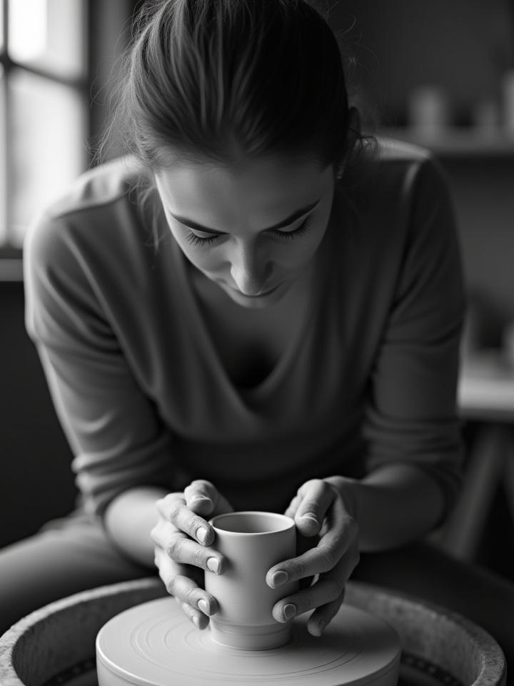Thoughtful black and white portrait of a ceramic artist, hands gently shaping clay, in soft studio light.