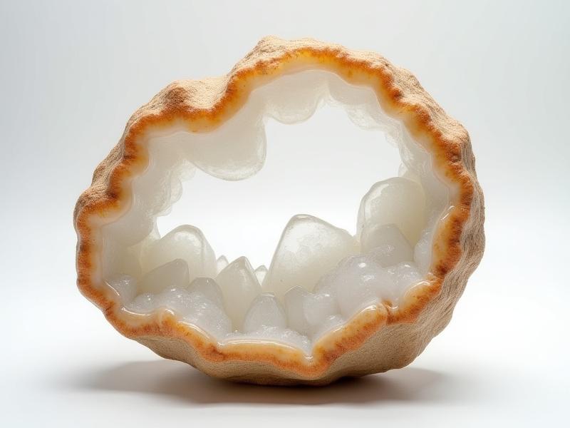 Close-up of a handcrafted glass geode sculpture, revealing internal facets.