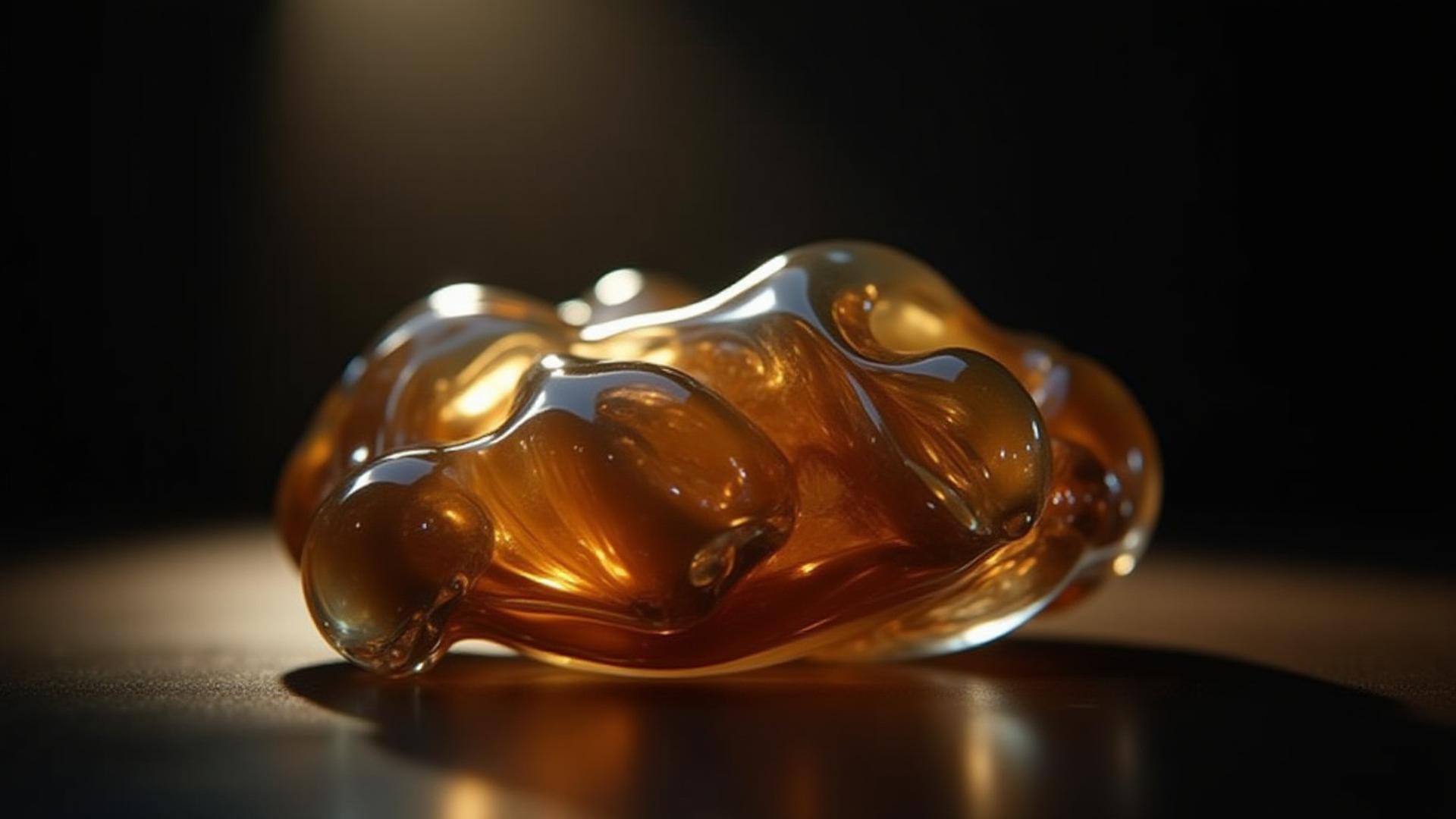 Dramatic close-up of a unique handcrafted glass art object, reflecting soft light and colors.