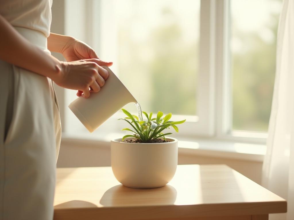 A person gently watering a plant in a Zenith Glaze ceramic planter, placed on a light wooden table next to a window, emphasizing a calm and mindful living environment.