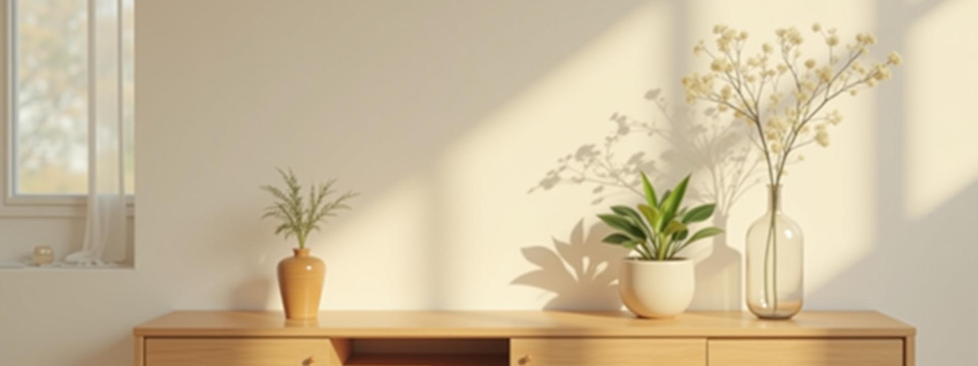 A serene living space featuring Zenith Glaze's handcrafted ceramic planter and glass vase on a warm wooden console, bathed in natural light.