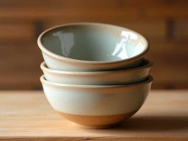 A stack of Zenith Glaze handcrafted ceramic serving bowls, showcasing unique textures and colors.