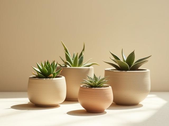 Zenith Glaze Stoneware Planters in various earthy tones, holding thriving succulents.