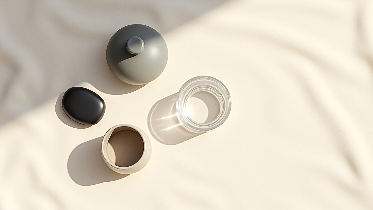 Minimalist flat-lay of ceramic aromatherapy vessel, smooth meditation stone, and delicate glass tea cup on a neutral background with soft natural light