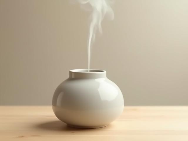 Elegant minimalist ceramic essential oil diffuser with subtle vapor rising