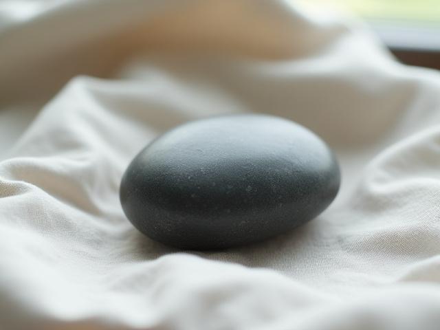 Smooth, hand-polished gray meditation stone resting on a linen cloth