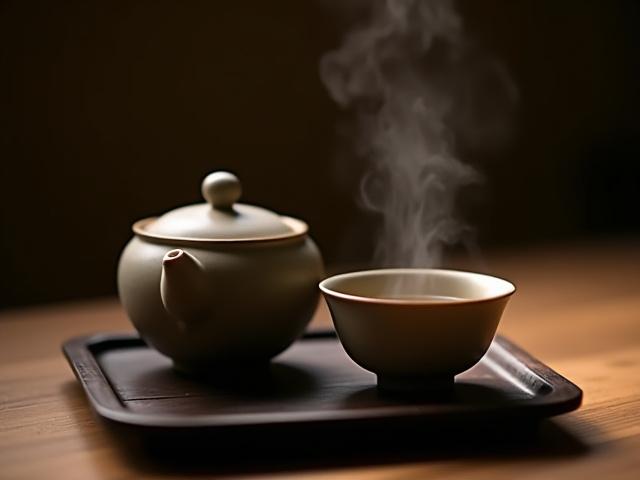 Handmade ceramic tea bowl and teapot on a wooden tray with steam rising