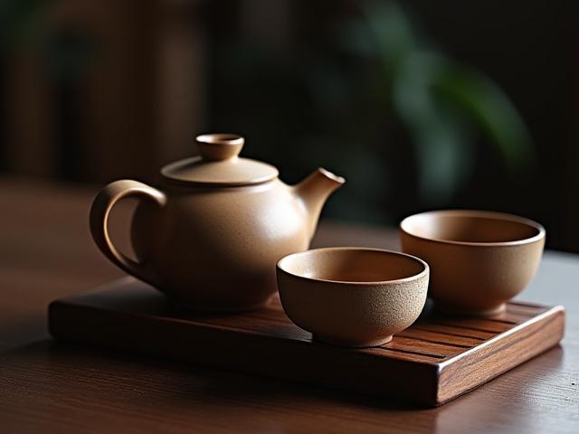 Detailed close-up of a complete handcrafted ceramic tea set on a dark wooden surface